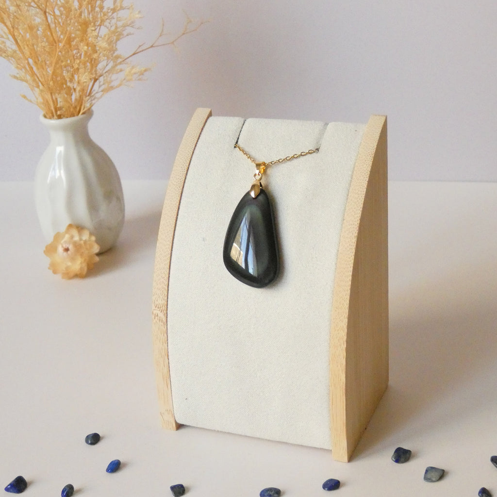 Pendentif obsidienne œil céleste – bélière dorée – 3,7 cm