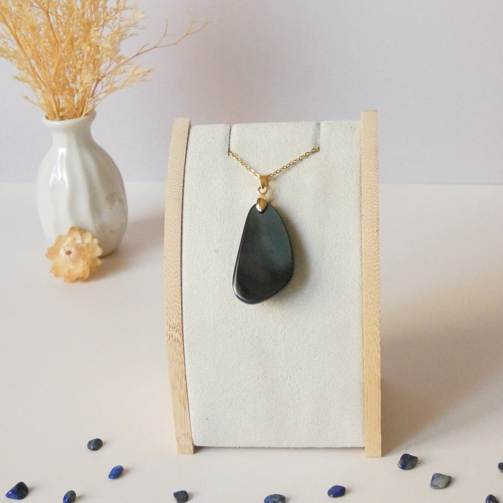 Pendentif obsidienne œil céleste – bélière dorée – 3,7 cm