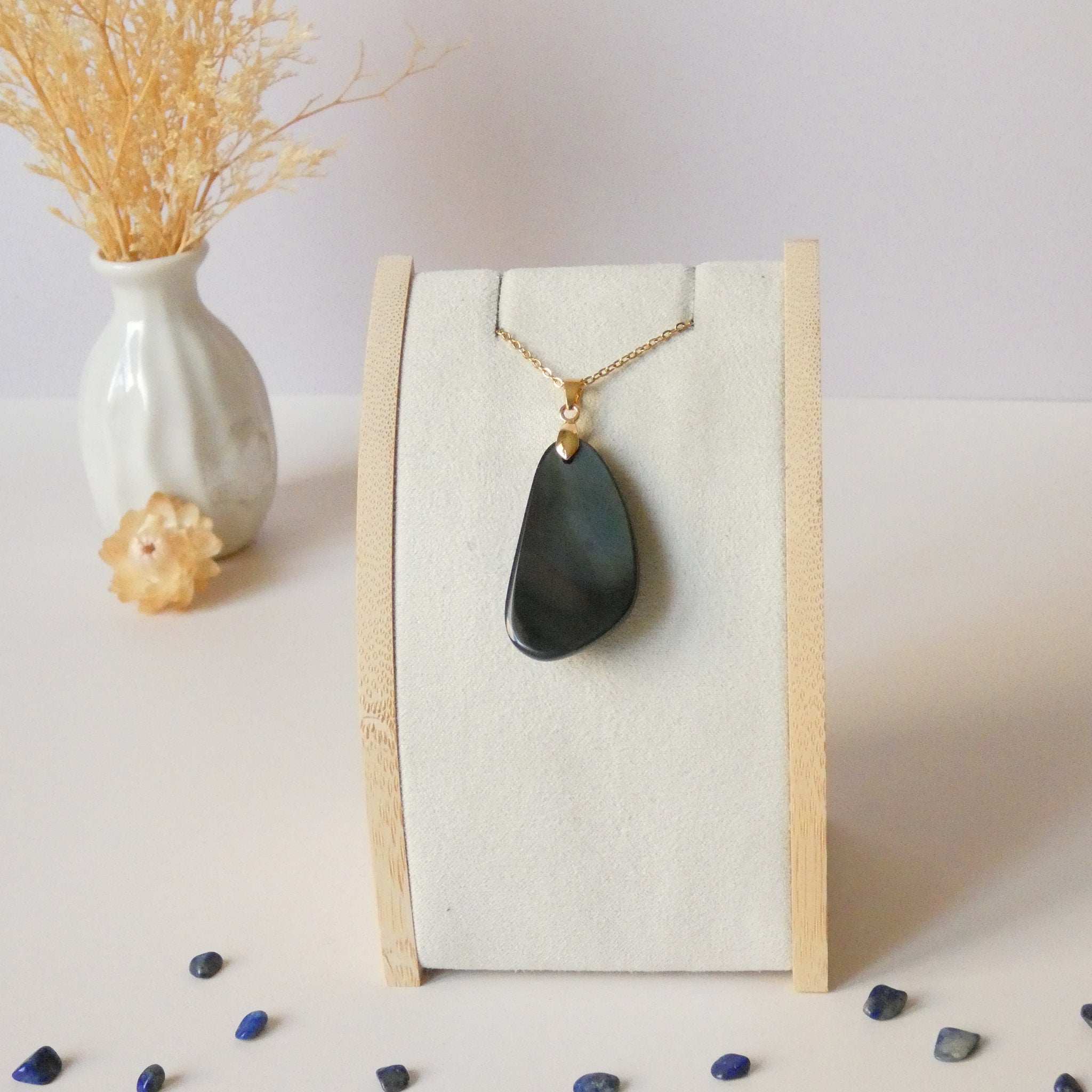Pendentif obsidienne œil céleste – bélière dorée – 3,7 cm