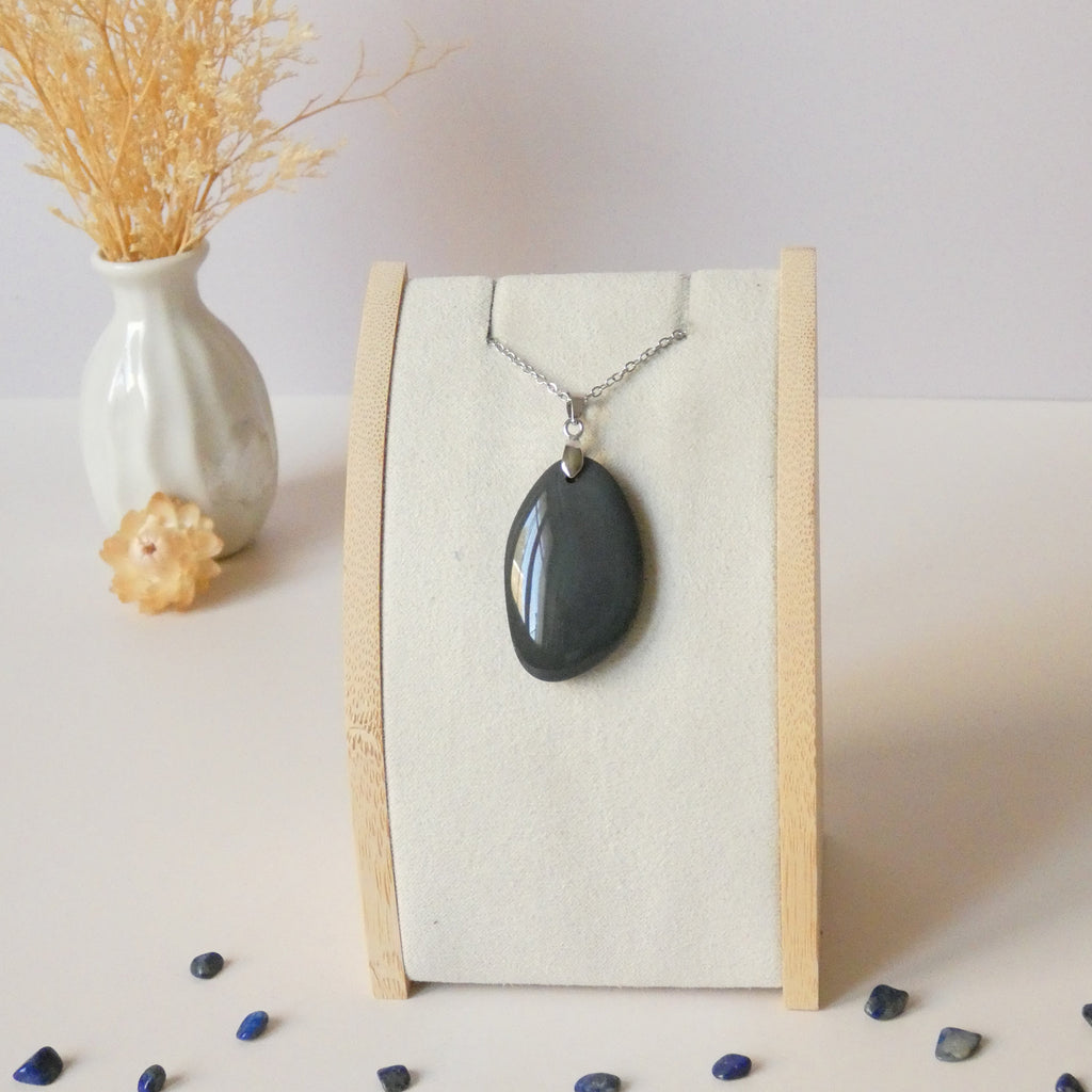 Pendentif obsidienne œil céleste – bleu nacré et pastel – 3,6 cm