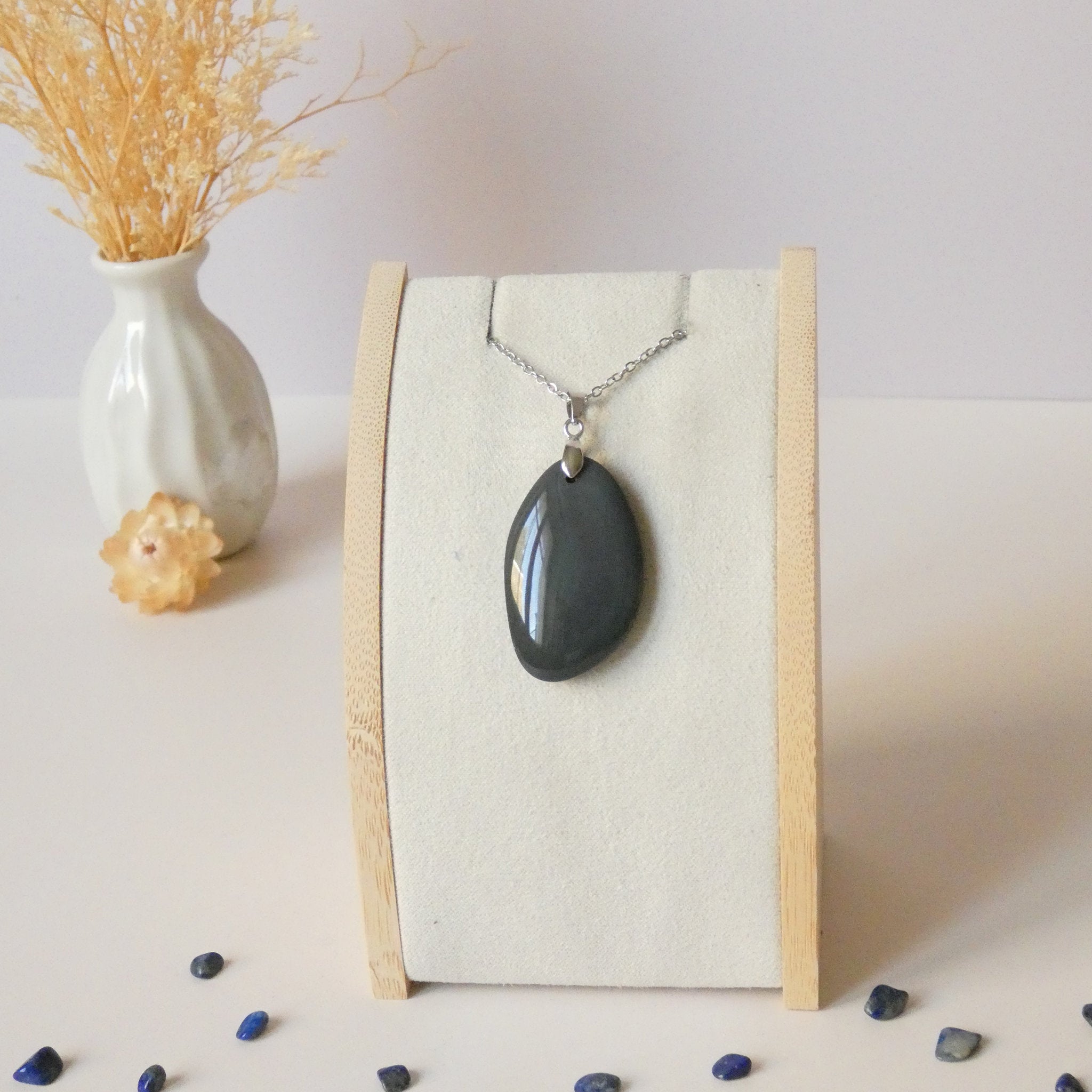Pendentif obsidienne œil céleste – bleu nacré et pastel – 3,6 cm