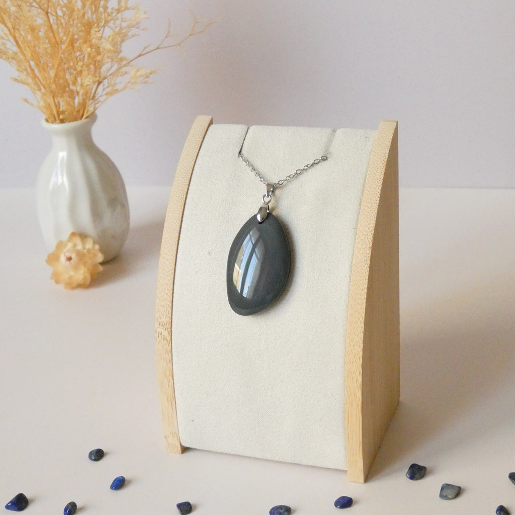 Pendentif obsidienne œil céleste – bleu nacré et pastel – 3,6 cm