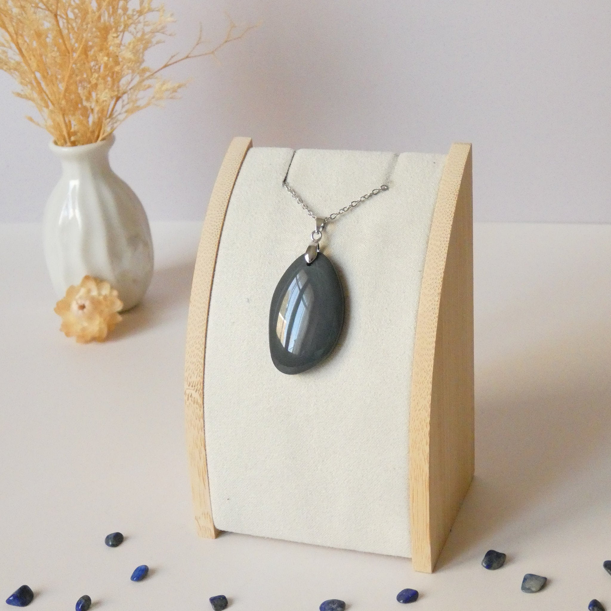 Pendentif obsidienne œil céleste – bleu nacré et pastel – 3,6 cm