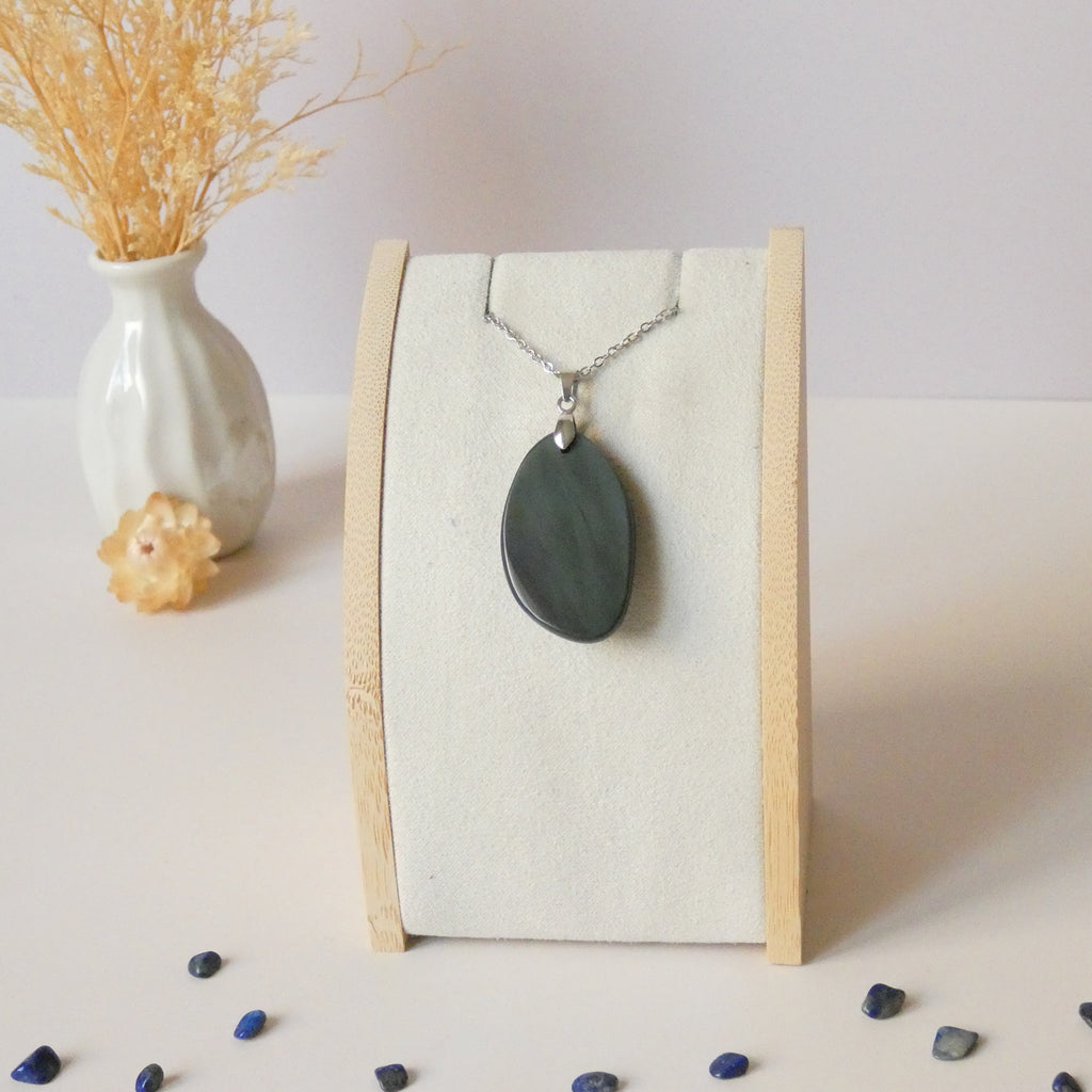 Pendentif obsidienne œil céleste – bleu nacré et pastel – 3,6 cm