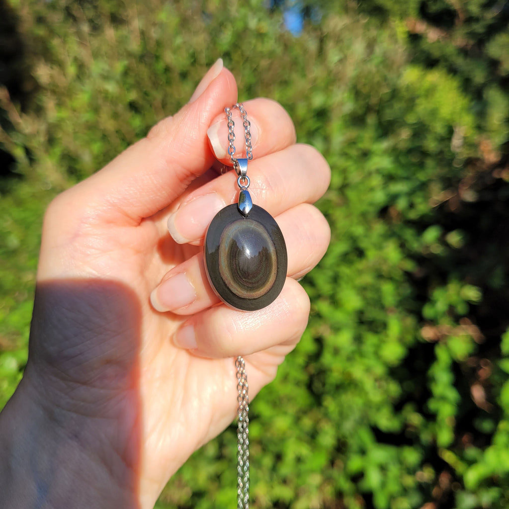 Pendentif obsidienne oeil céleste - bélière argentée - pierre naturelle