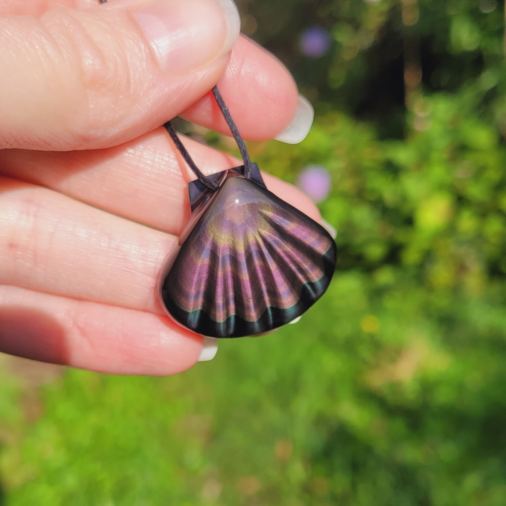 Pendentif coquillage en obsidienne oeil céleste violet rose - pierre naturelle