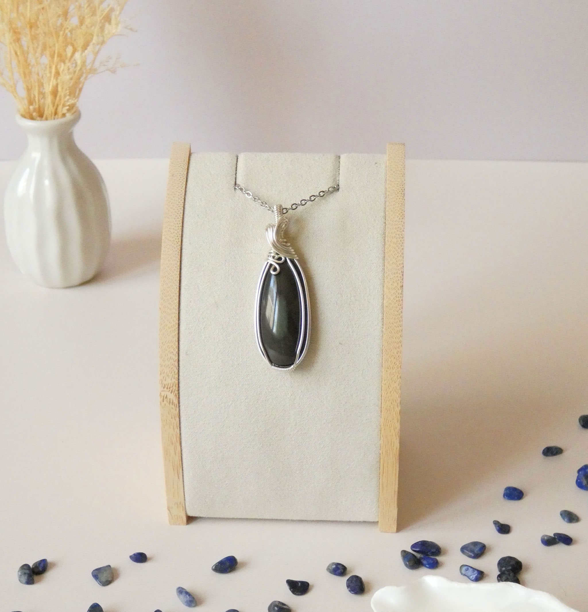 Pendentif obsidienne oeil céleste 5,3 cm wire wrapping argenté