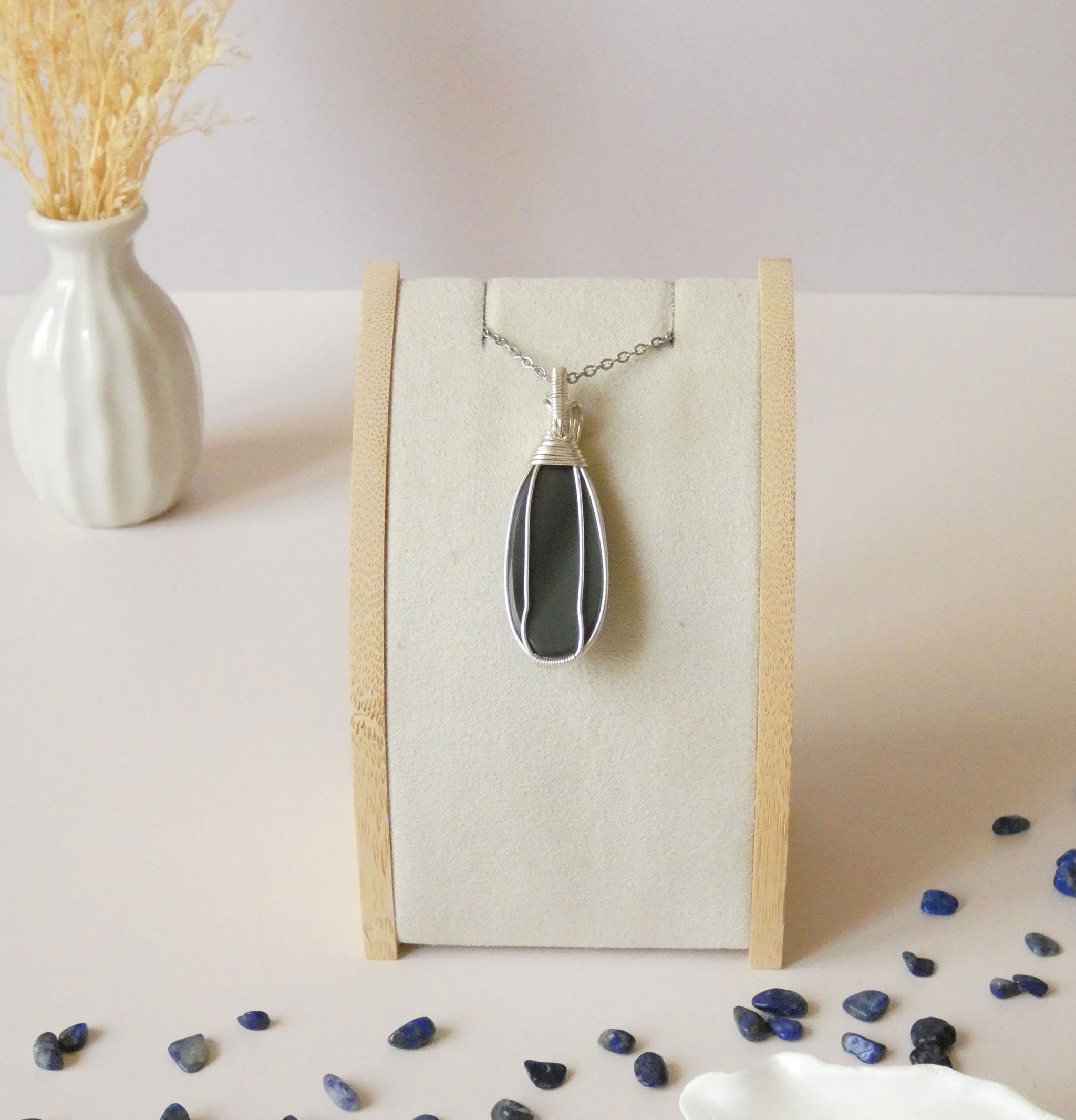 Pendentif obsidienne oeil céleste 5,3 cm wire wrapping argenté