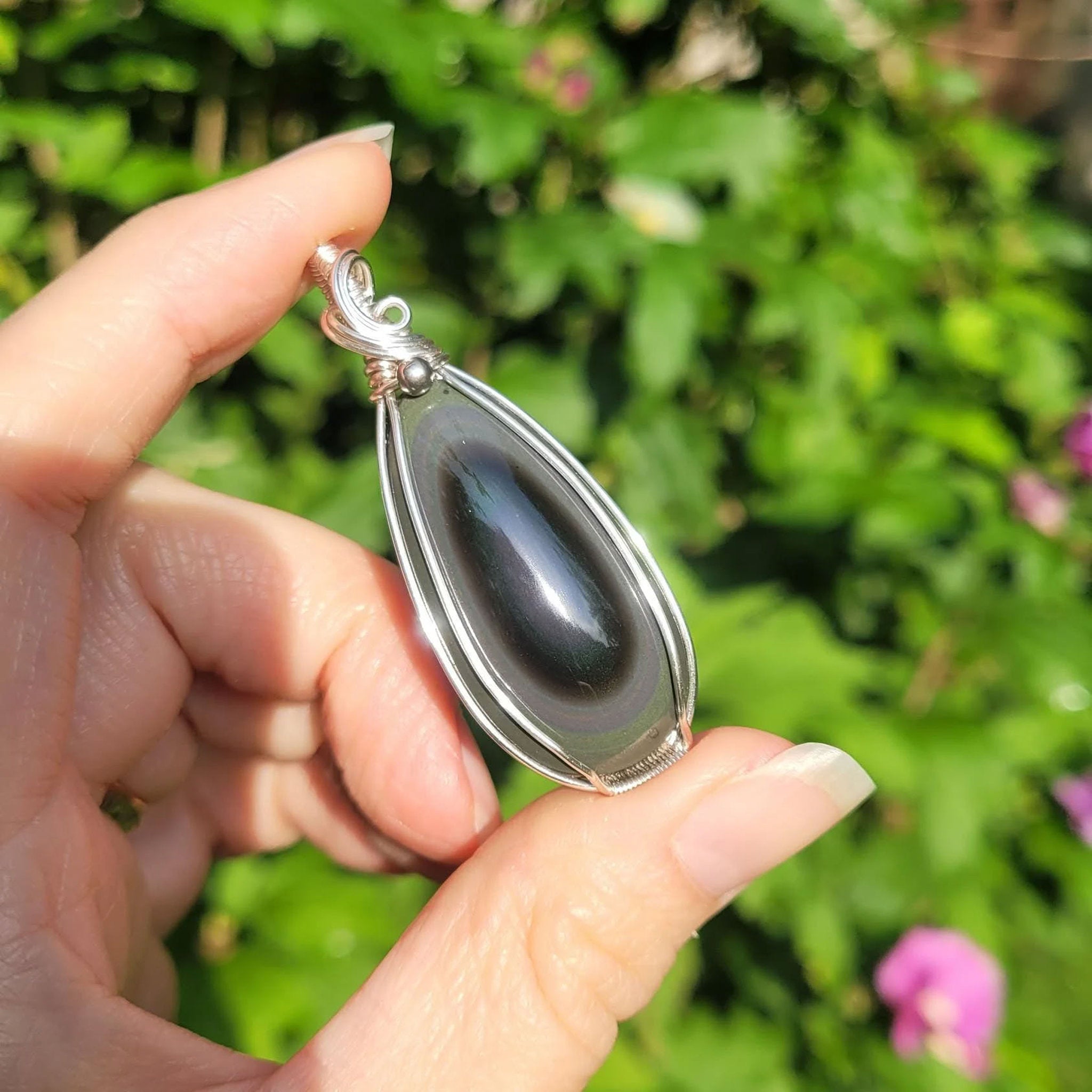 Pendentif obsidienne oeil céleste - wire wrapping argenté - pierre naturelle