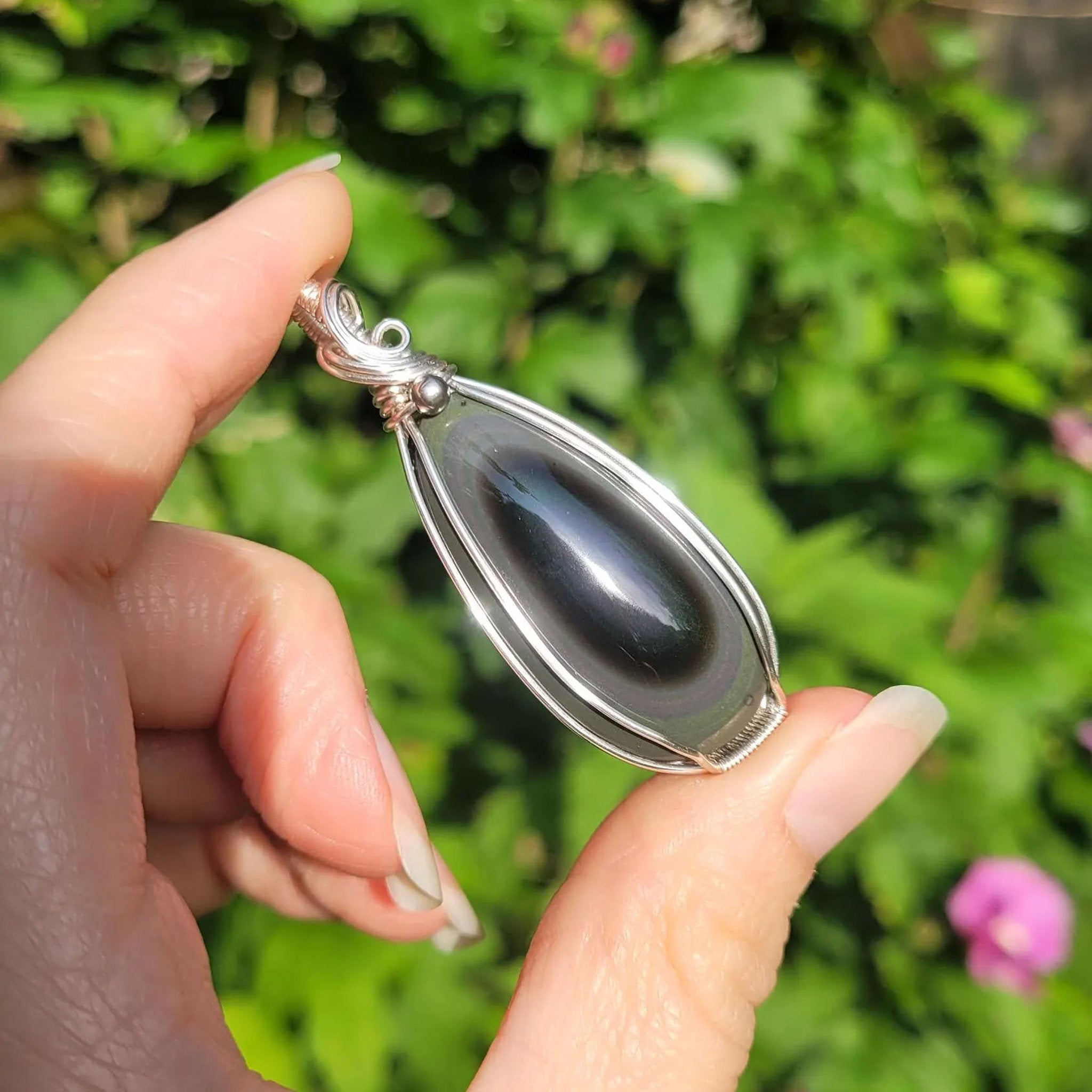 Pendentif obsidienne oeil céleste - wire wrapping argenté - pierre naturelle