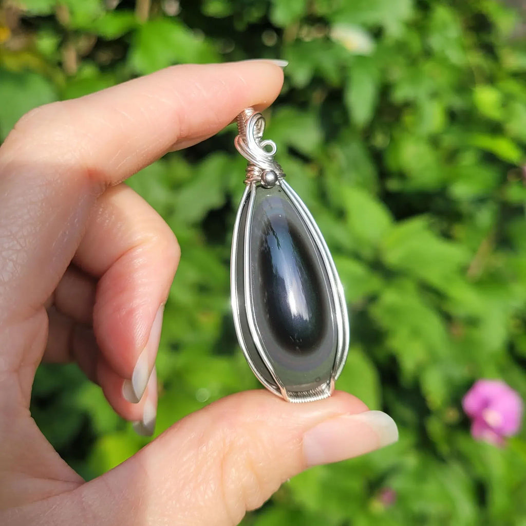 Pendentif obsidienne oeil céleste - wire wrapping argenté - pierre naturelle