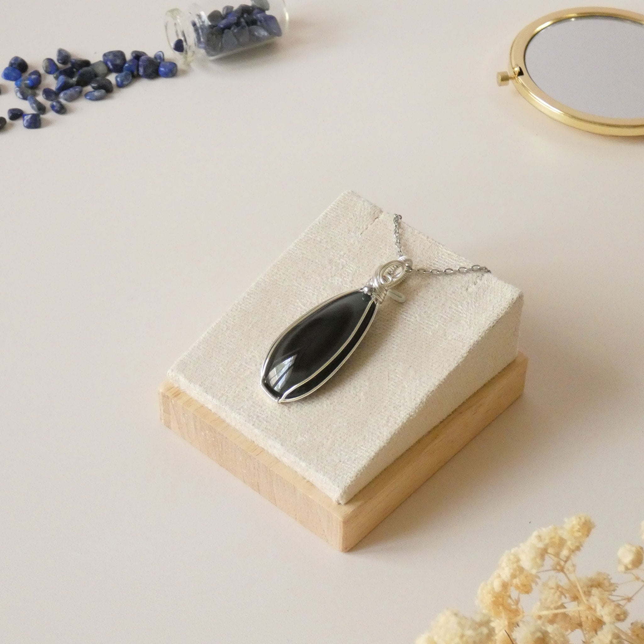 Pendentif obsidienne oeil céleste - wire wrapping argenté - pierre naturelle