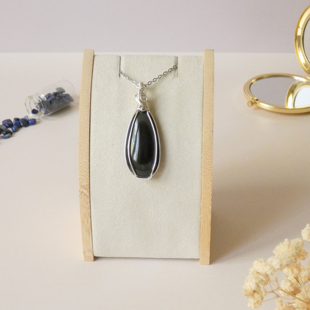 Pendentif obsidienne oeil céleste - wire wrapping argenté - pierre naturelle