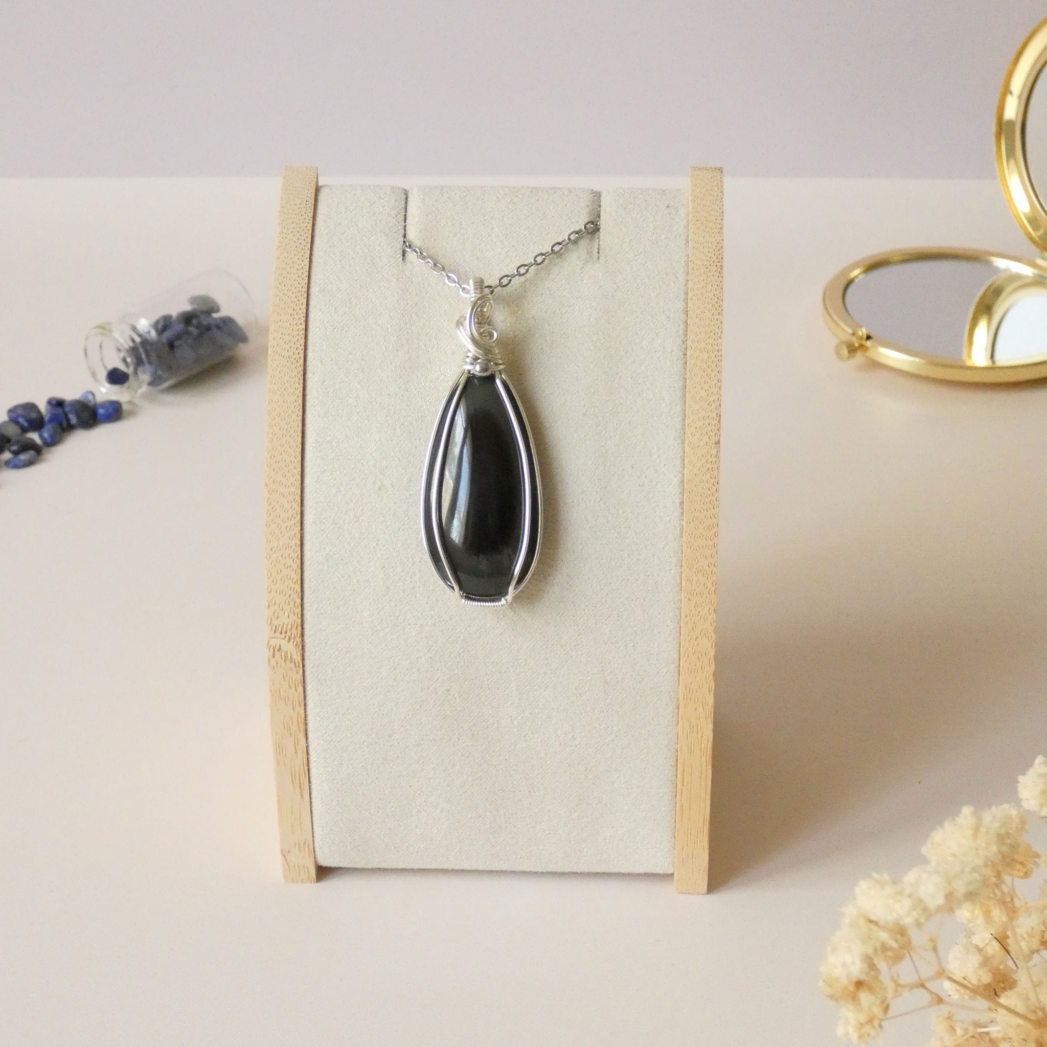Pendentif obsidienne oeil céleste - wire wrapping argenté - pierre naturelle