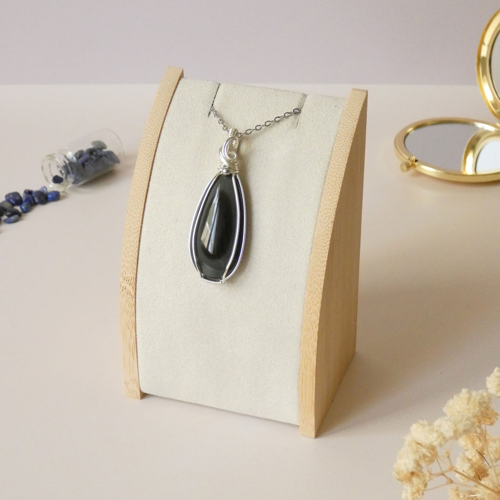 Pendentif obsidienne oeil céleste - wire wrapping argenté - pierre naturelle