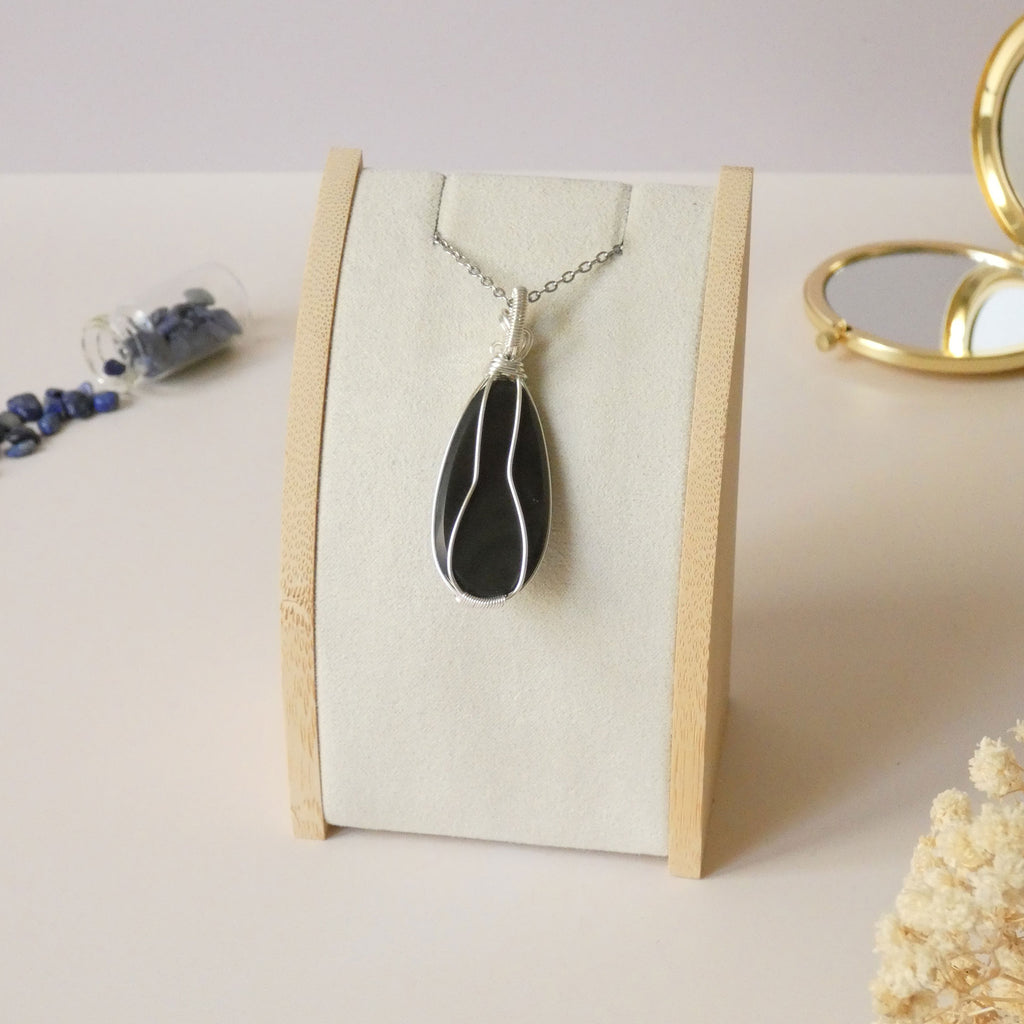 Pendentif obsidienne oeil céleste - wire wrapping argenté - pierre naturelle