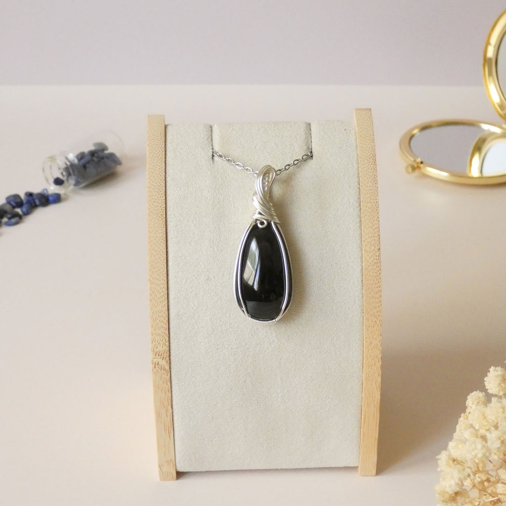 Pendentif obsidienne oeil céleste 5,1 cm wire wrapping argenté