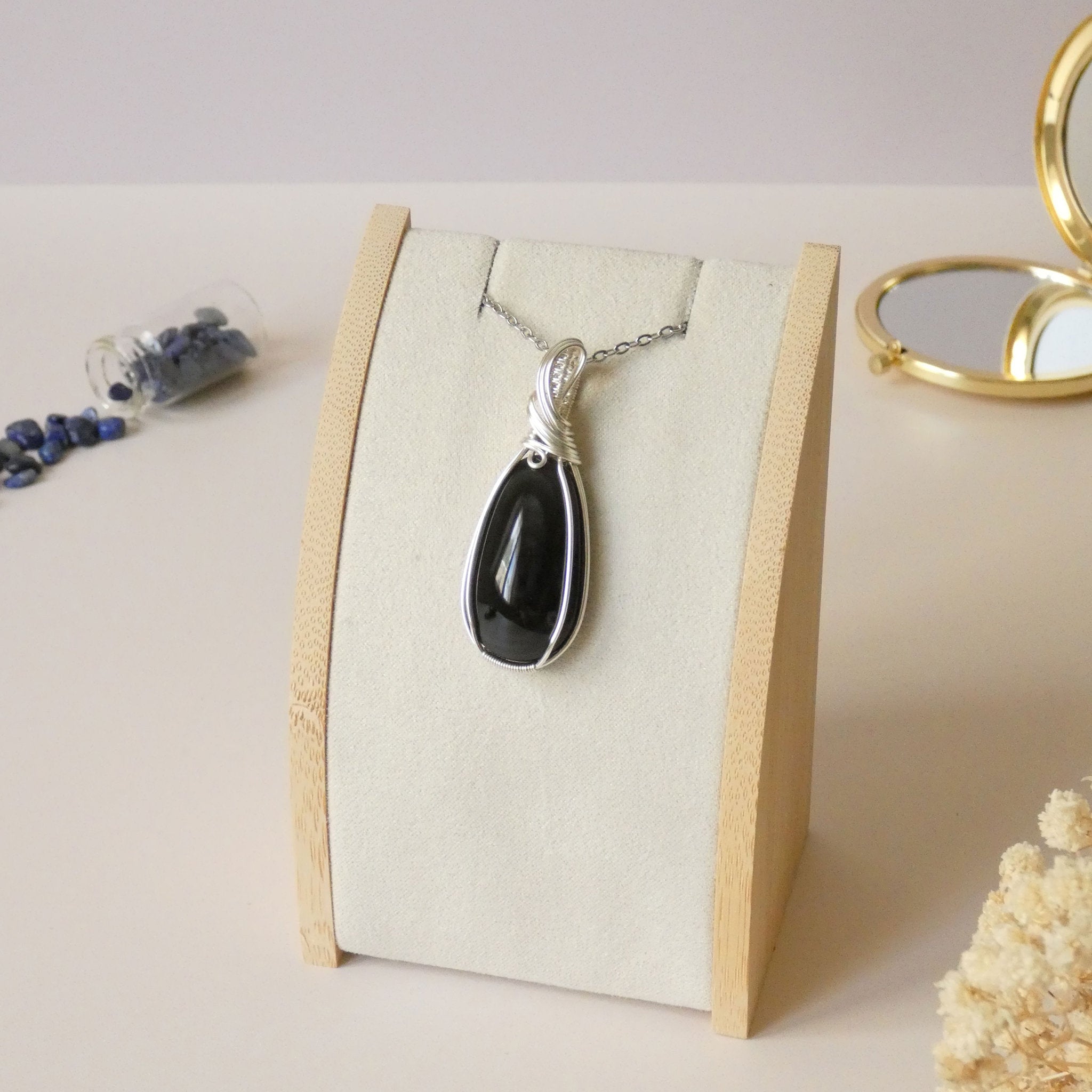 Pendentif obsidienne oeil céleste 5,1 cm wire wrapping argenté