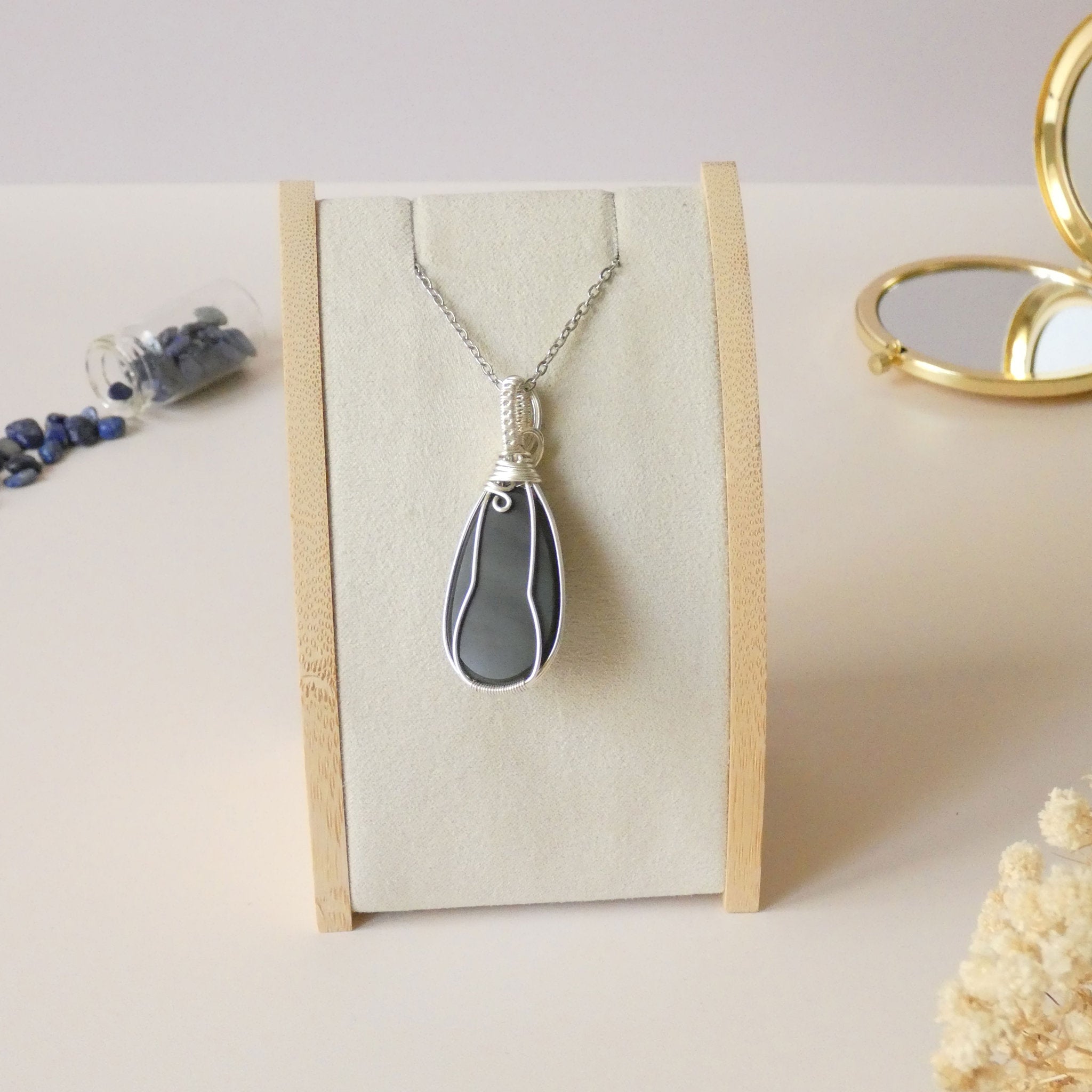 Pendentif obsidienne oeil céleste 5,1 cm wire wrapping argenté