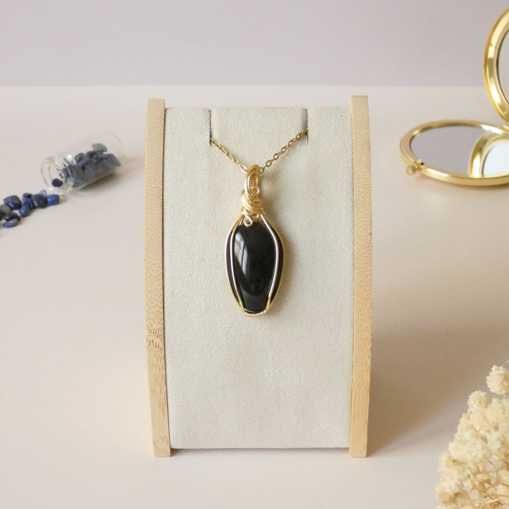 Pendentif obsidienne oeil céleste - wire wrapping doré - pierre naturelle