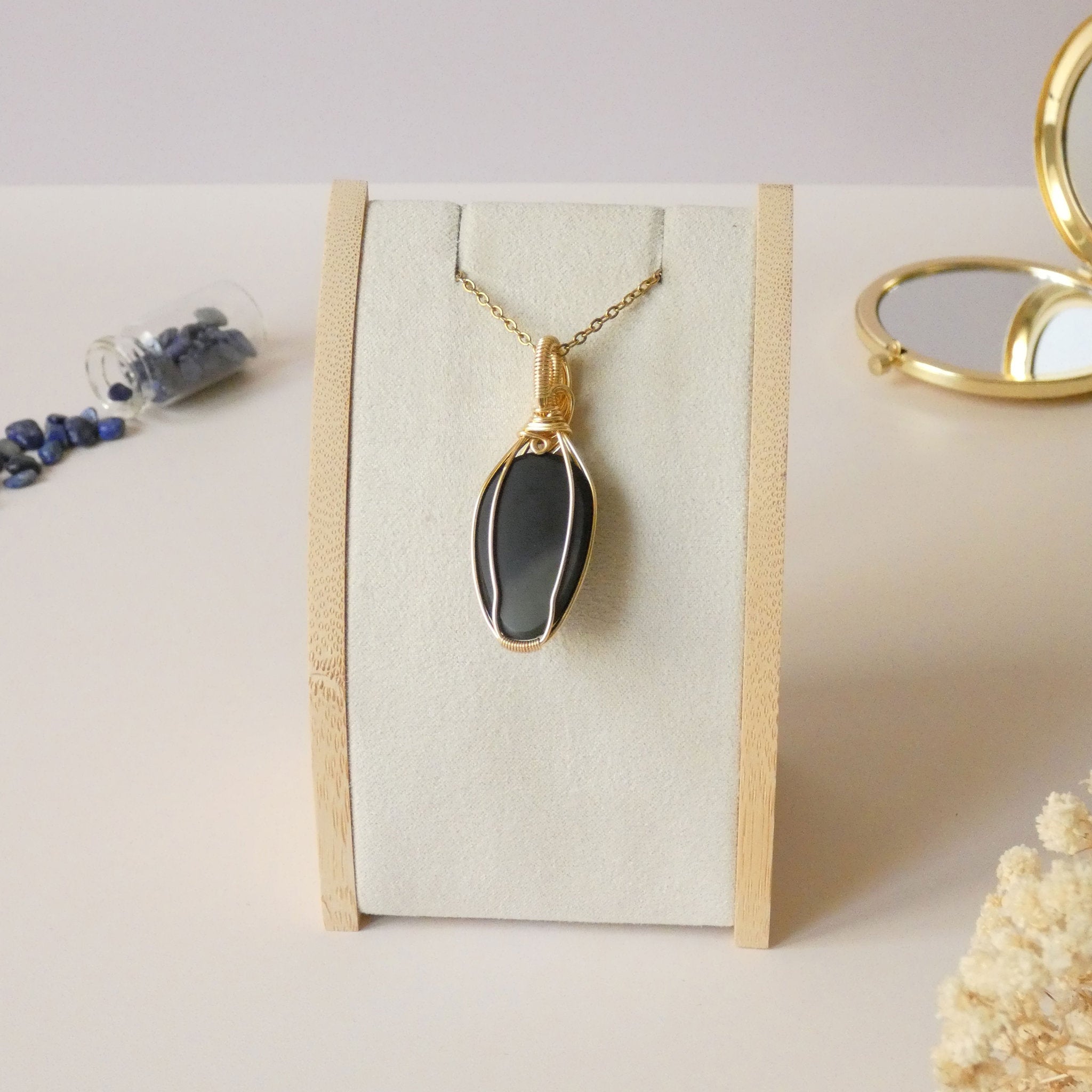 Pendentif obsidienne oeil céleste - wire wrapping doré - pierre naturelle