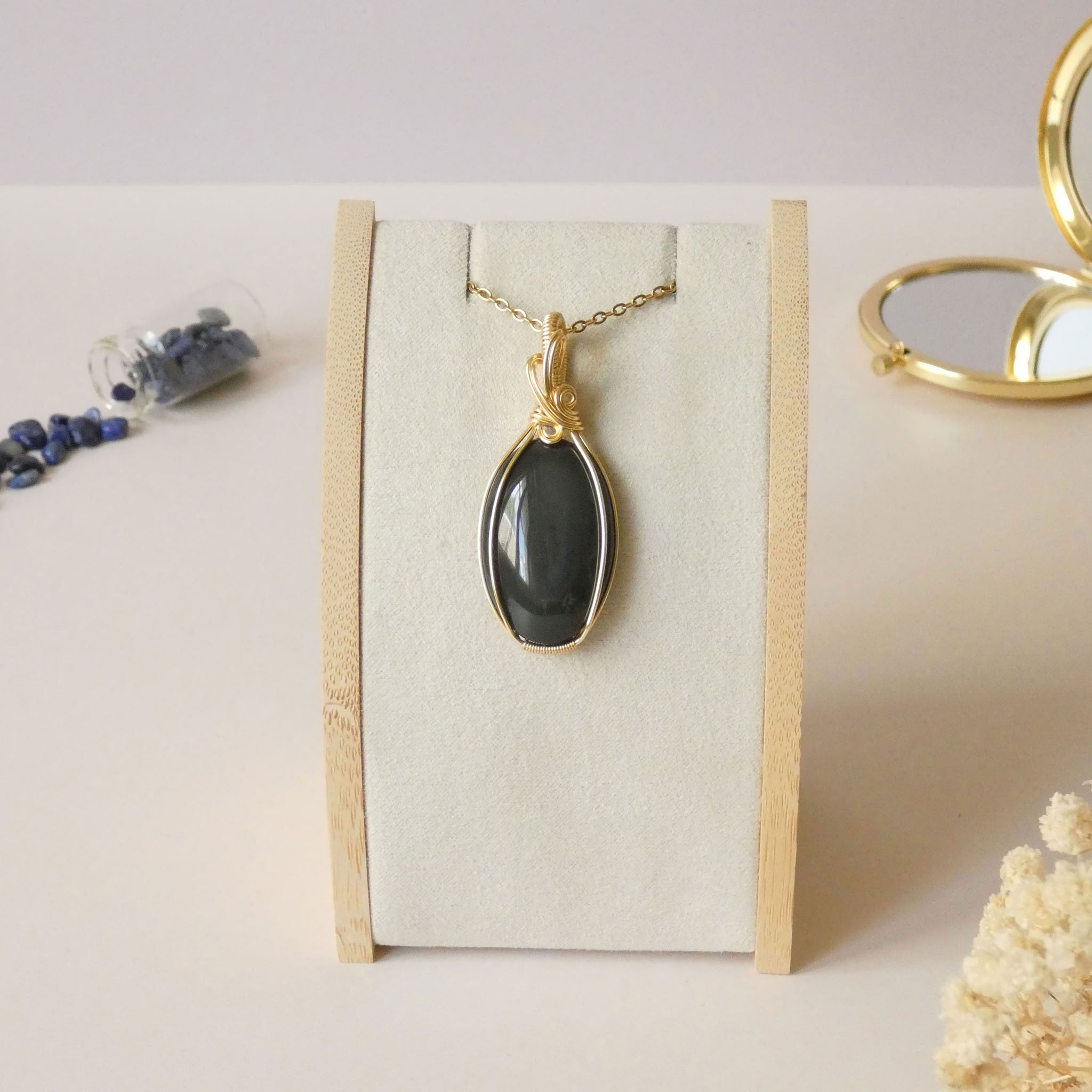 Pendentif obsidienne oeil céleste - wire wrapping doré - pierre naturelle