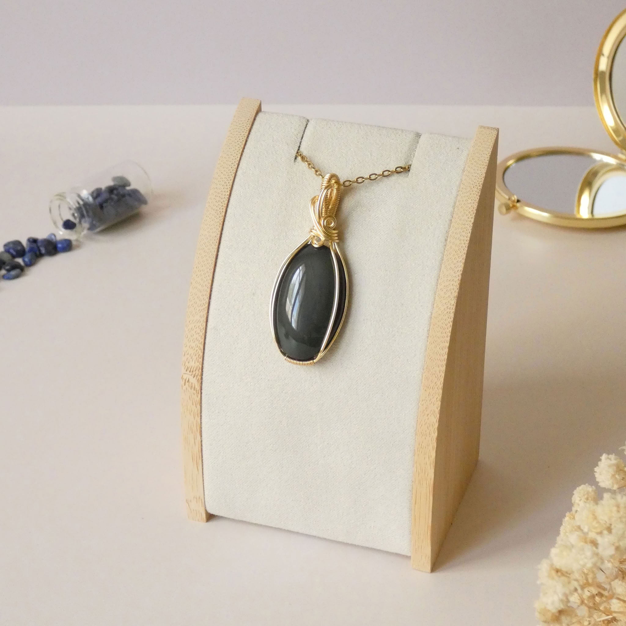 Pendentif obsidienne oeil céleste - wire wrapping doré - pierre naturelle