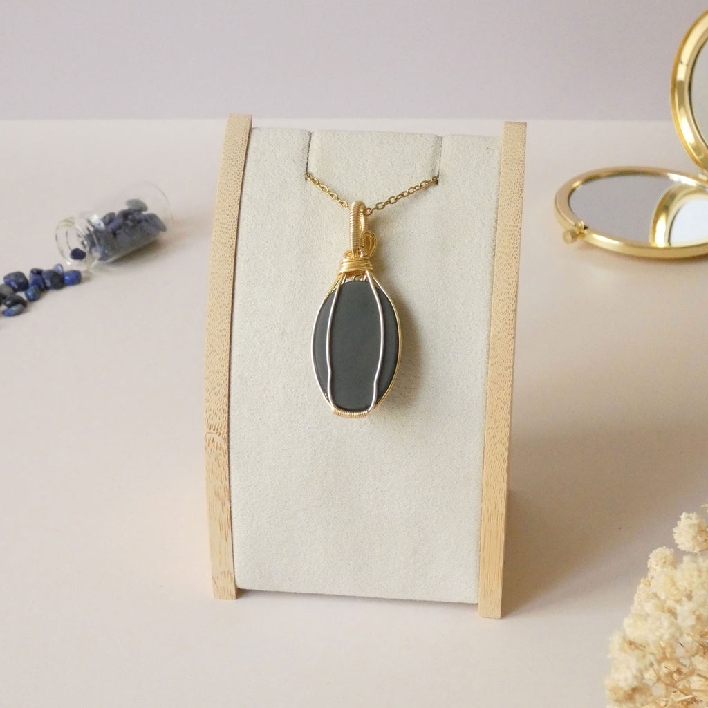 Pendentif obsidienne oeil céleste - wire wrapping doré - pierre naturelle