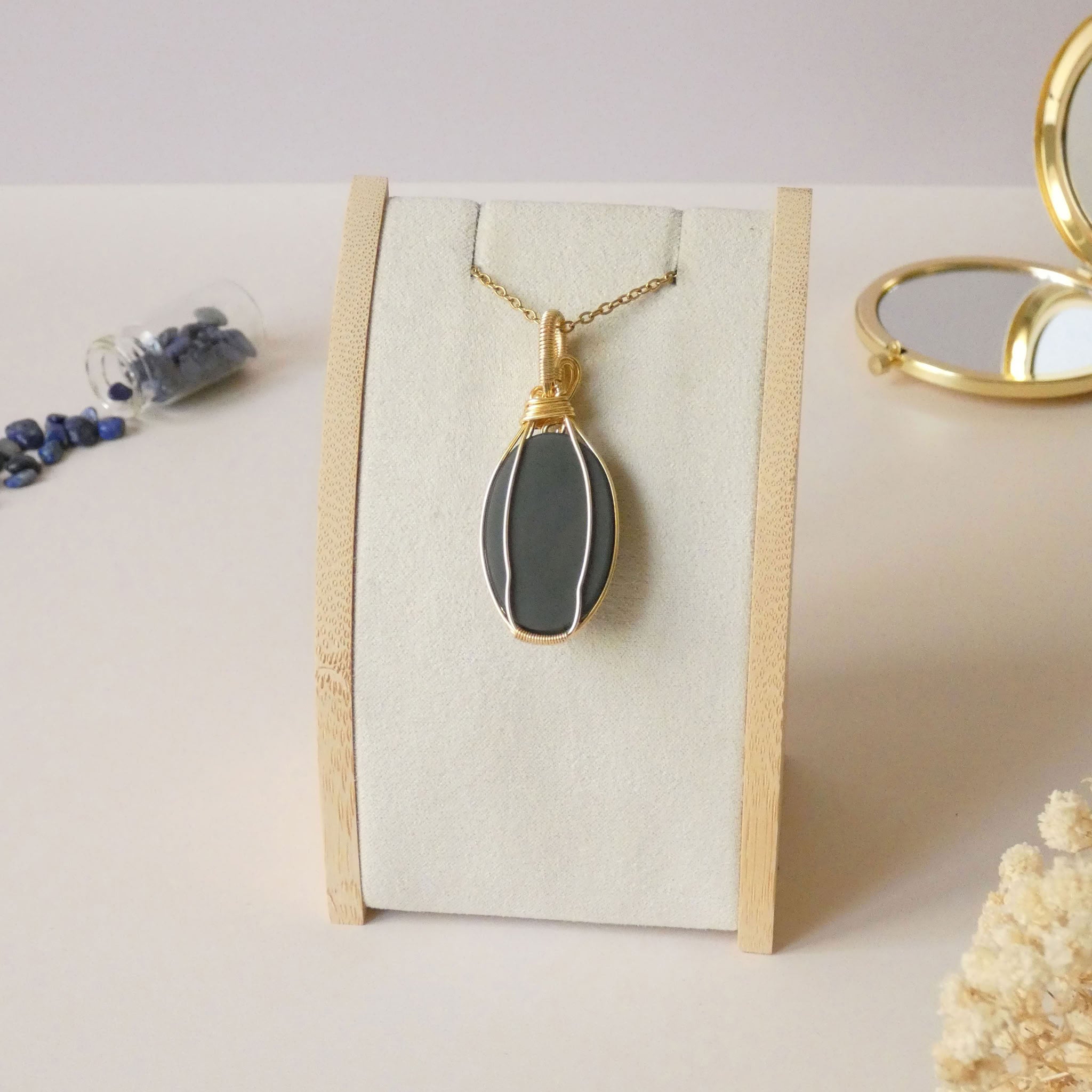 Pendentif obsidienne oeil céleste - wire wrapping doré - pierre naturelle