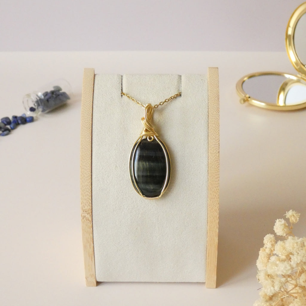 Pendentif en oeil de faucon 5,3 cm wire wrapping doré