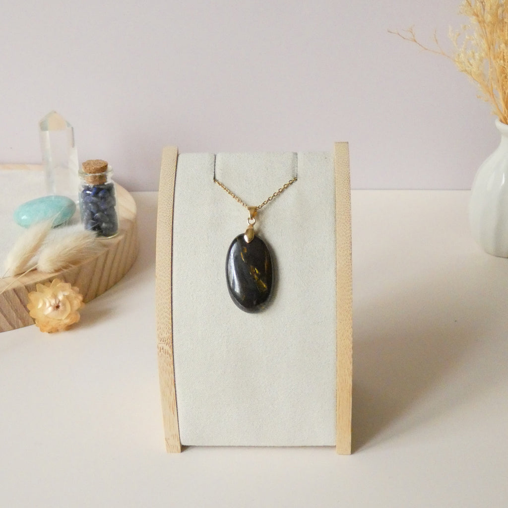 Pendentif en oeil de fer bélière dorée – 3,1 cm - Bijou artisanal pierre naturelle