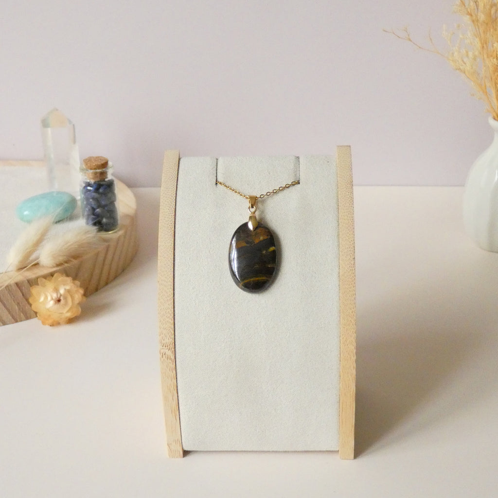 Pendentif en oeil de fer bélière dorée – 2,8 cm - Bijou artisanal pierre naturelle