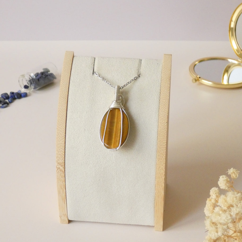 Pendentif oeil de tigre 4,6 cm wire wrapping argenté