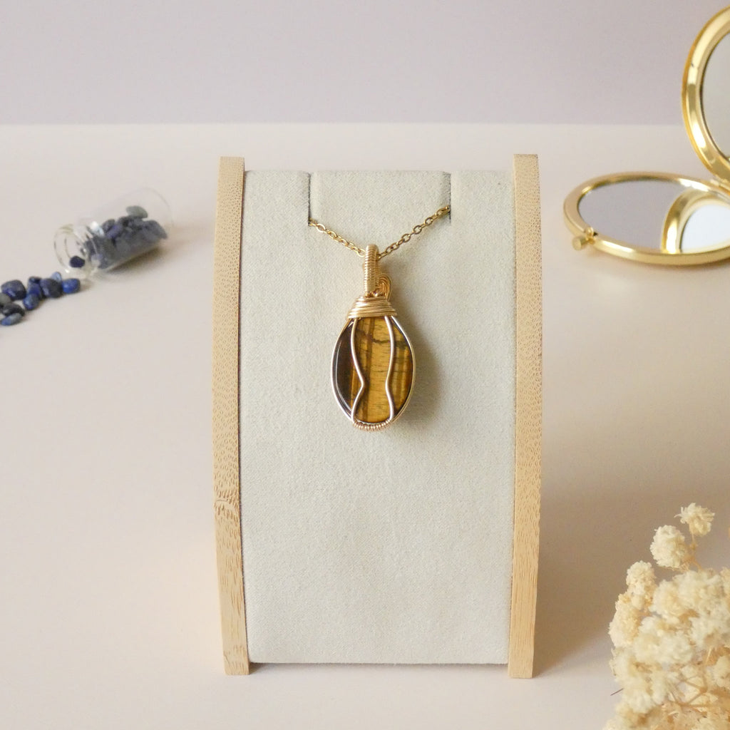 Pendentif oeil de tigre 4,4cm wire wrapping doré