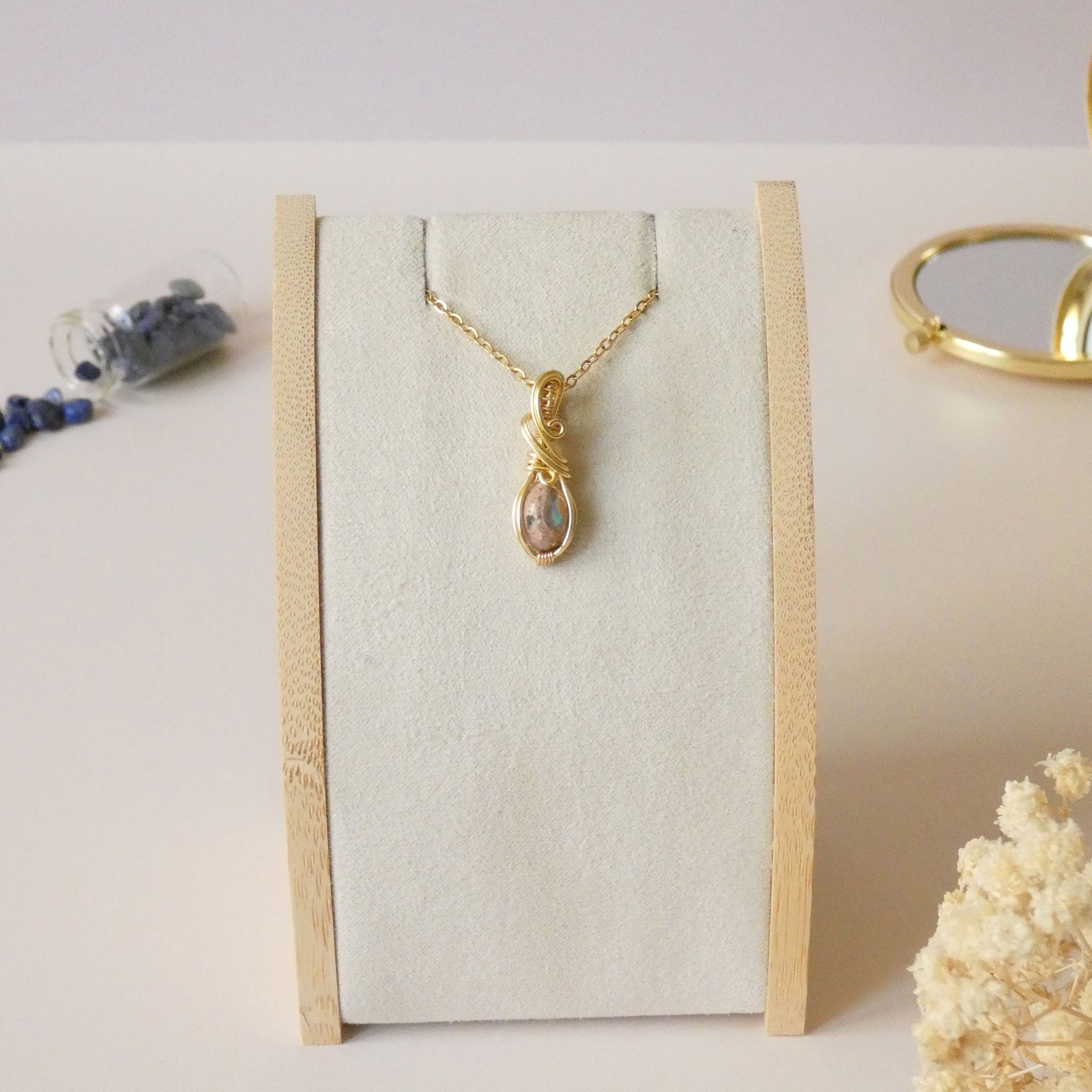 Pendentif opale Cantera du Mexique - wire wrapping doré - pierre naturelle