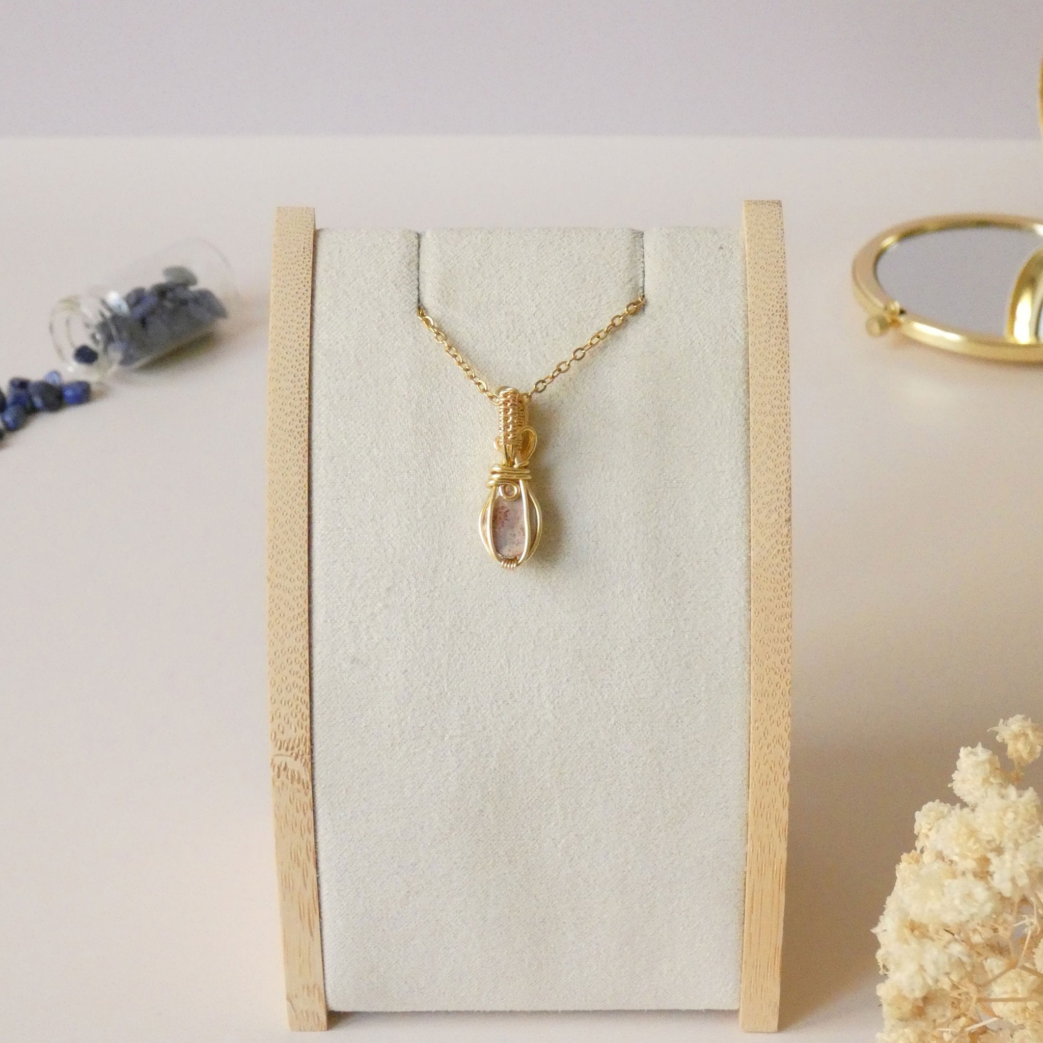 Pendentif opale Cantera du Mexique - wire wrapping doré - pierre naturelle