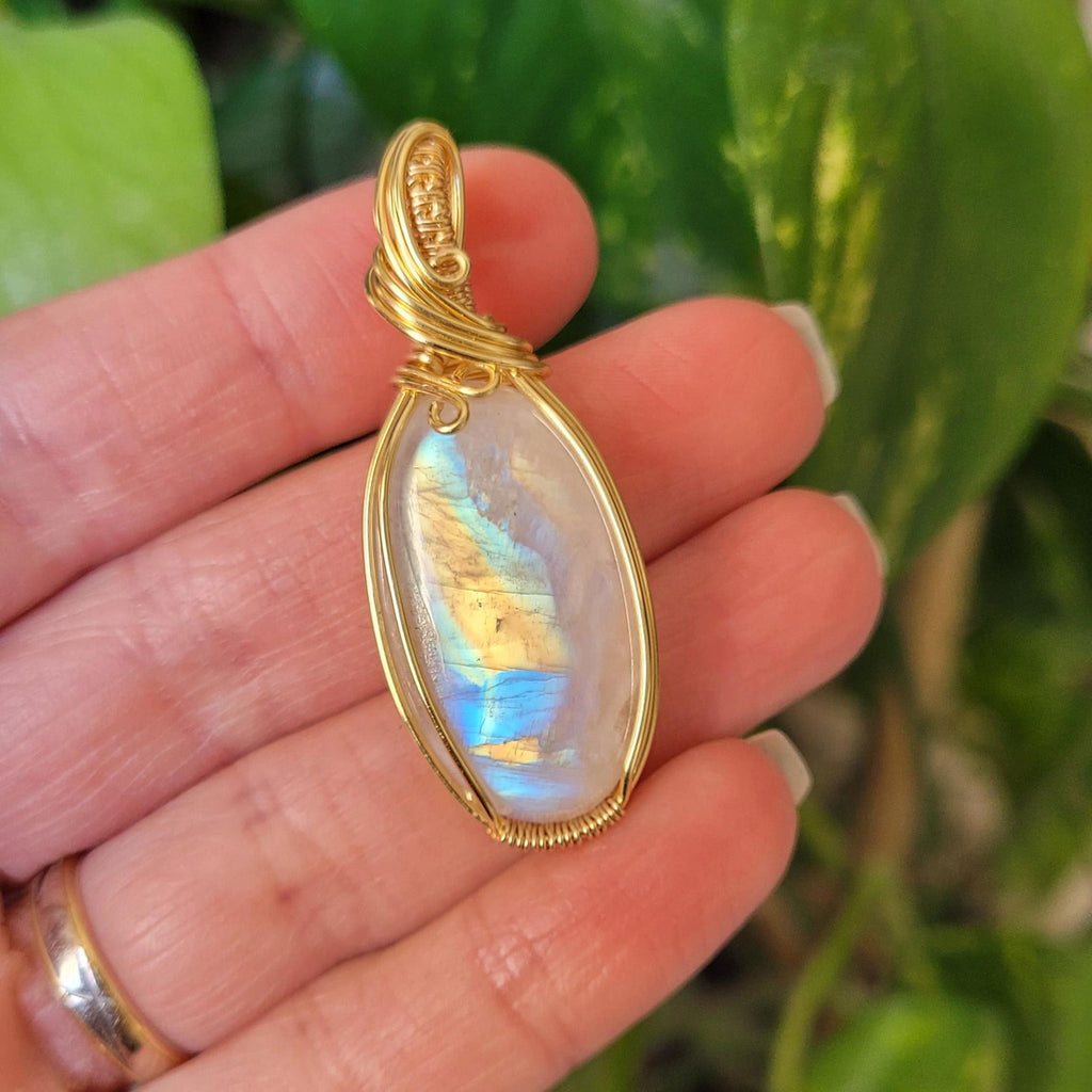 Pendentif en péristérite - wire wrapping doré - pierre naturelle