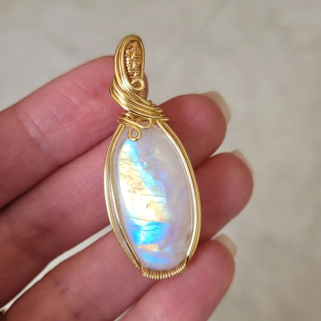 Pendentif en péristérite - wire wrapping doré - pierre naturelle