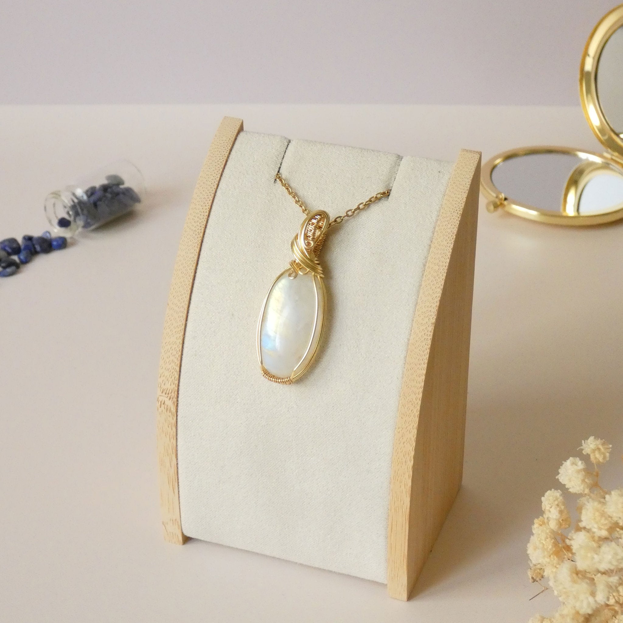 Pendentif en péristérite - wire wrapping doré - pierre naturelle