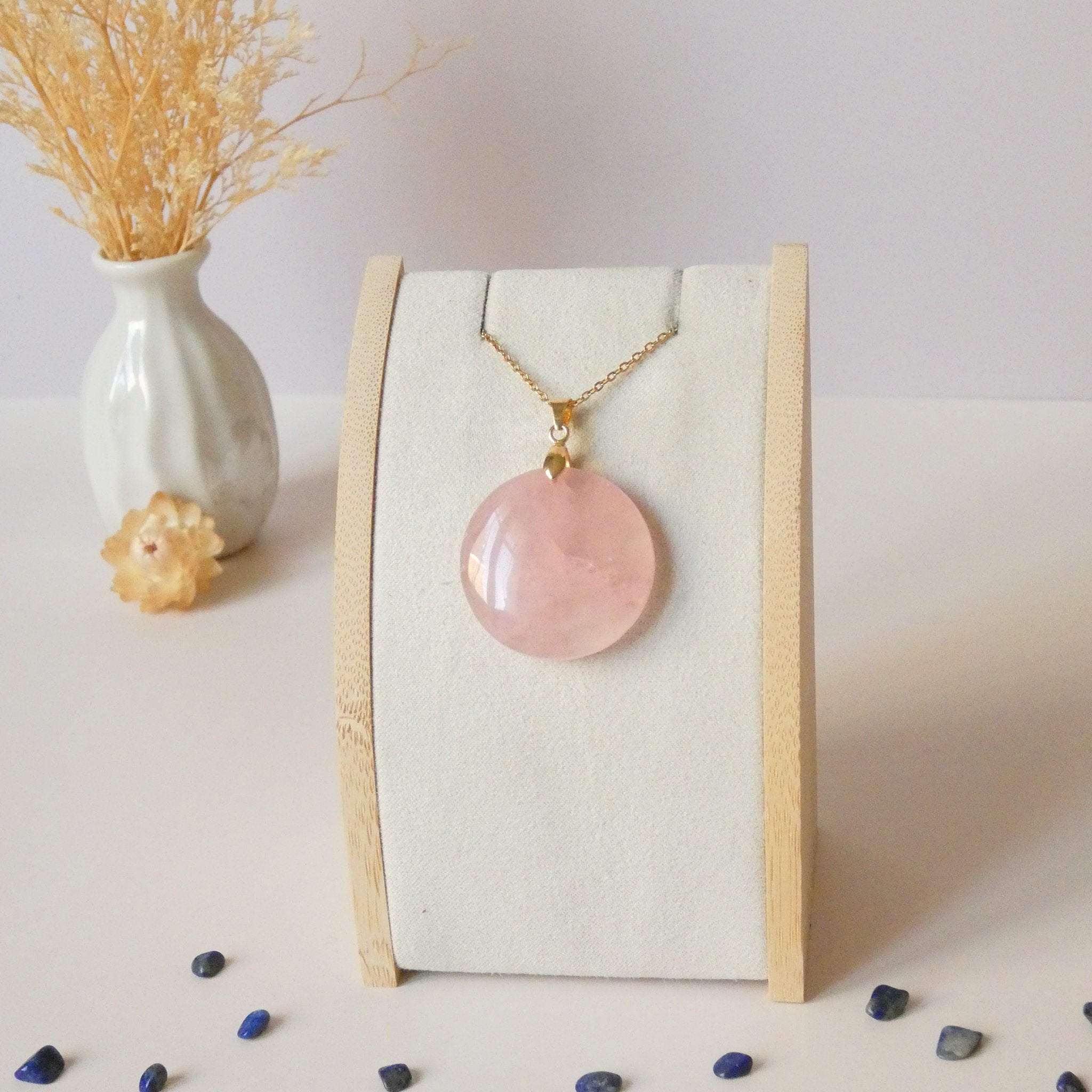 Pendentif en quartz rose 3,1 cm – Bélière dorée