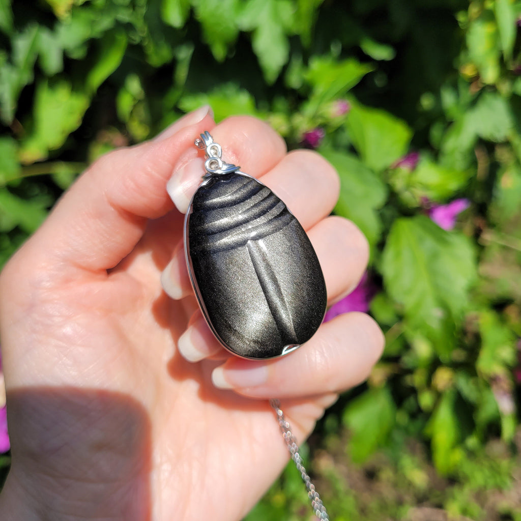 Pendentif scarabée obsidienne argenté 5,1 cm bijou artisanal