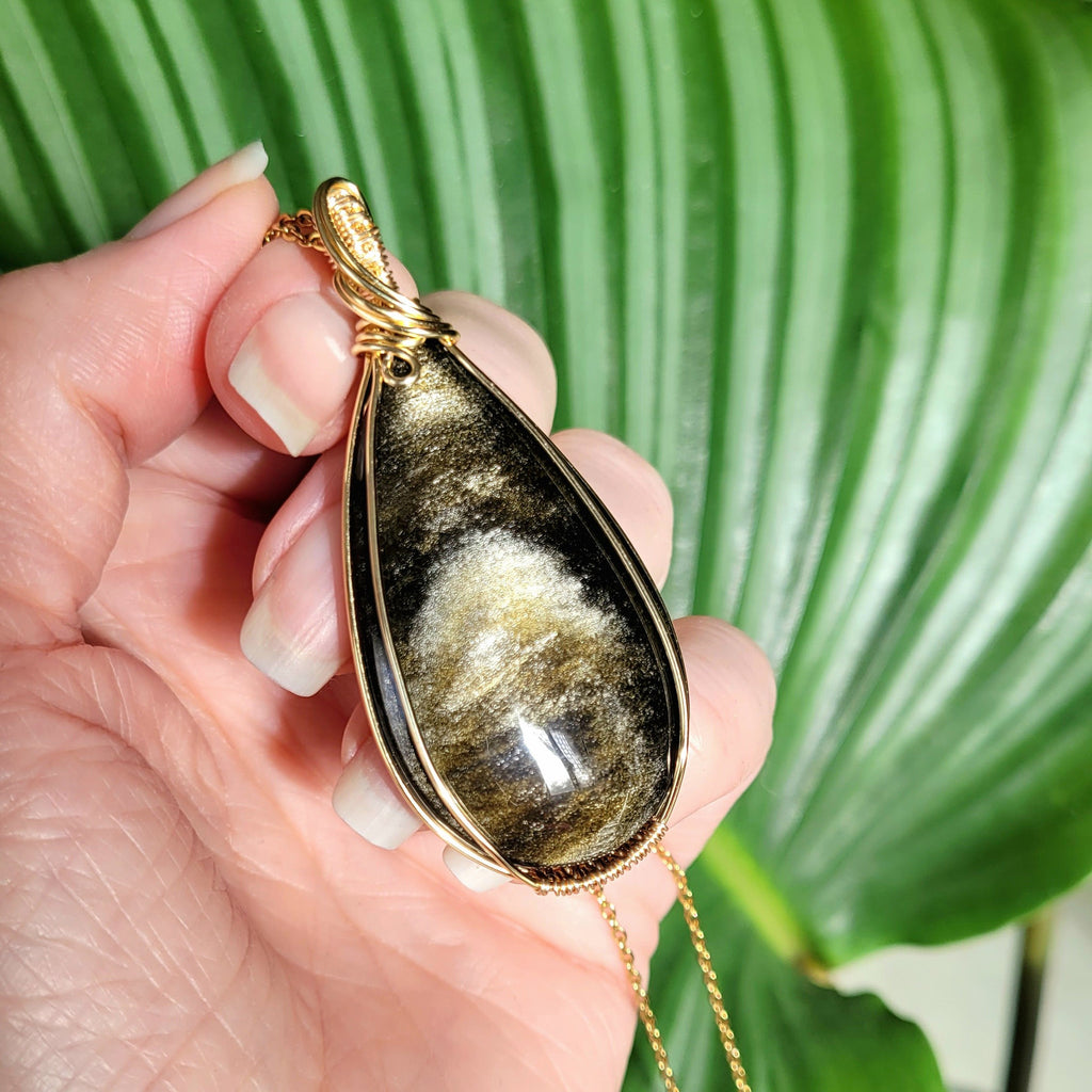 Pendentif wire wrapping en obsidienne dorée – 6,2 cm
