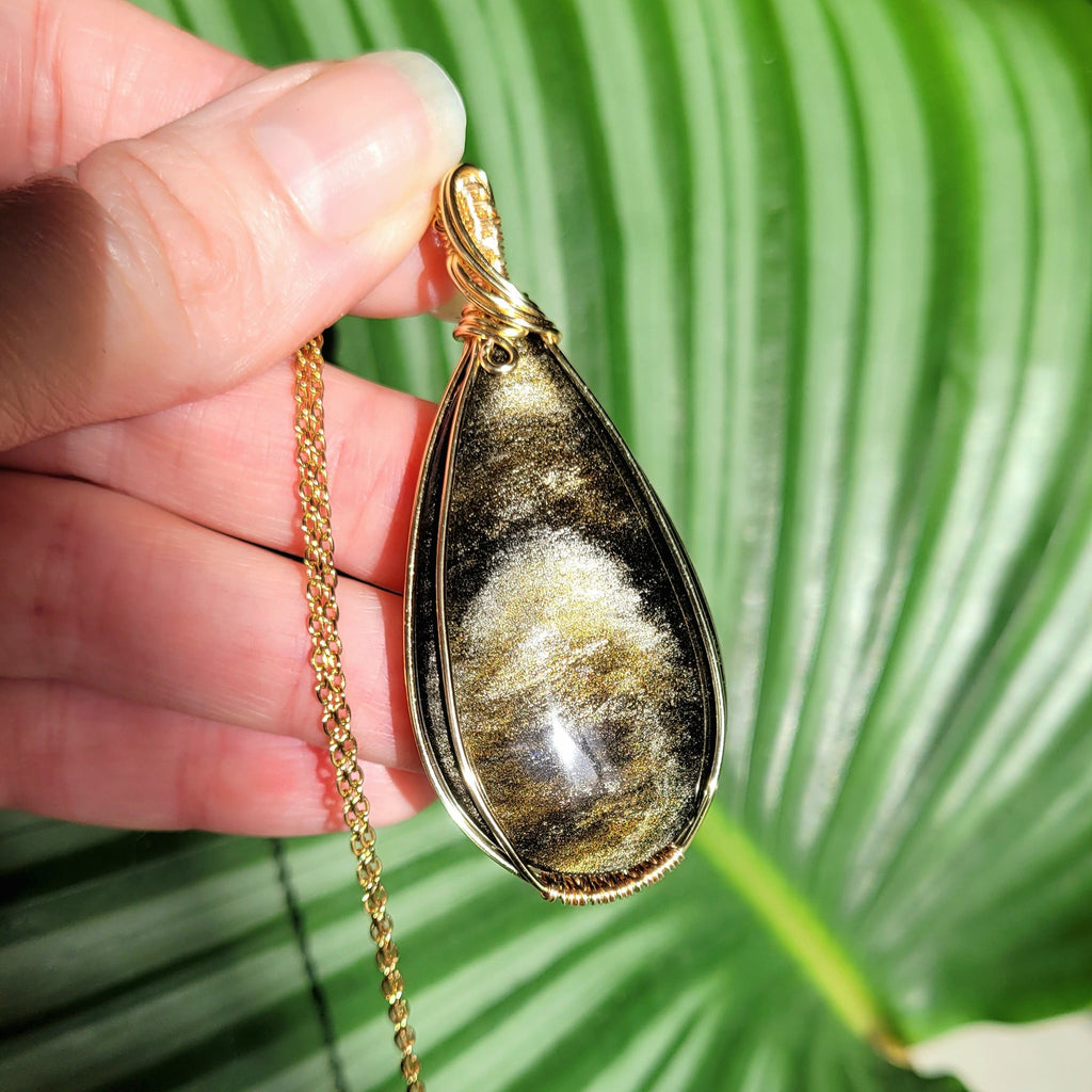 Pendentif wire wrapping en obsidienne dorée – 6,2 cm