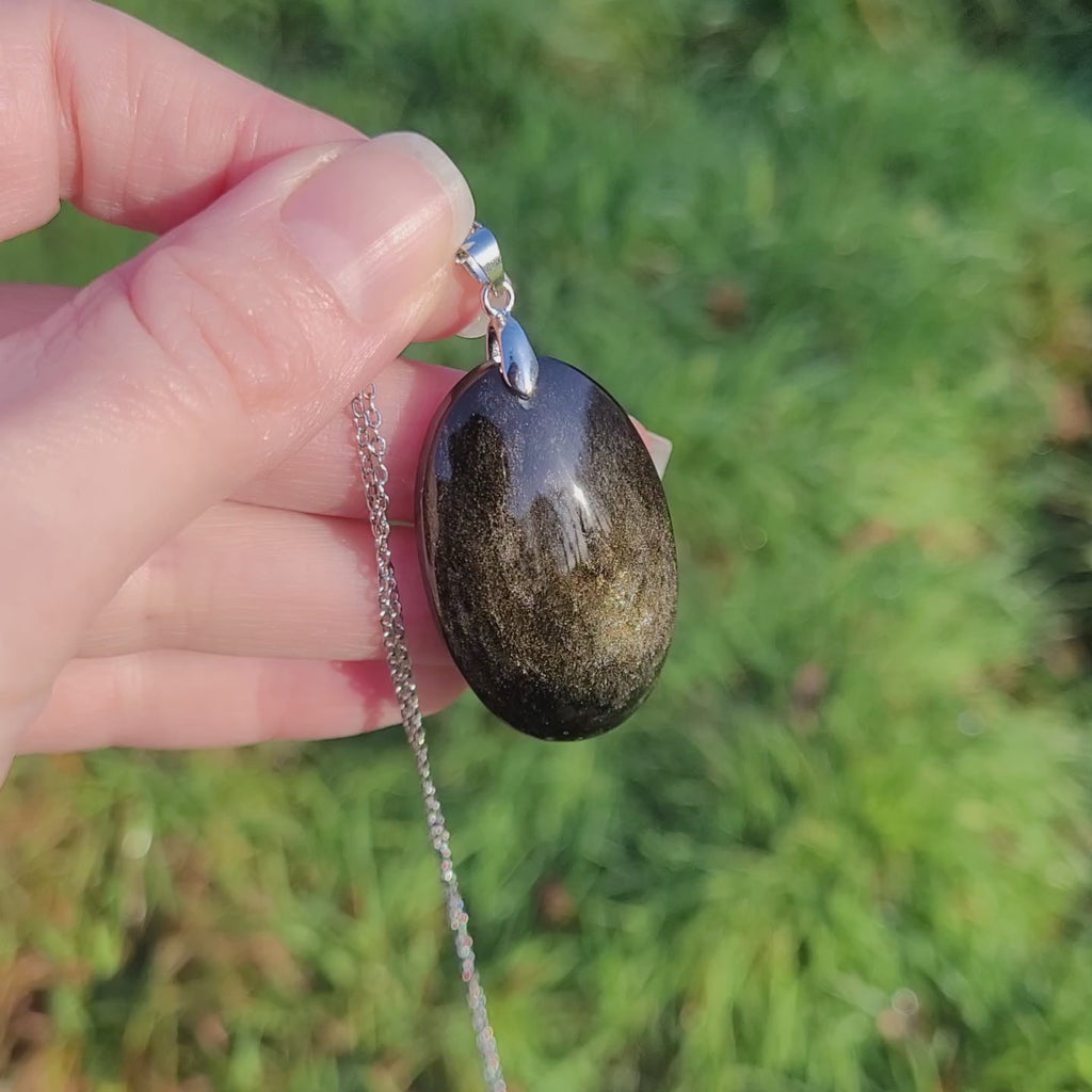 Pendentif obsidienne dorée 4 cm bélière argentée